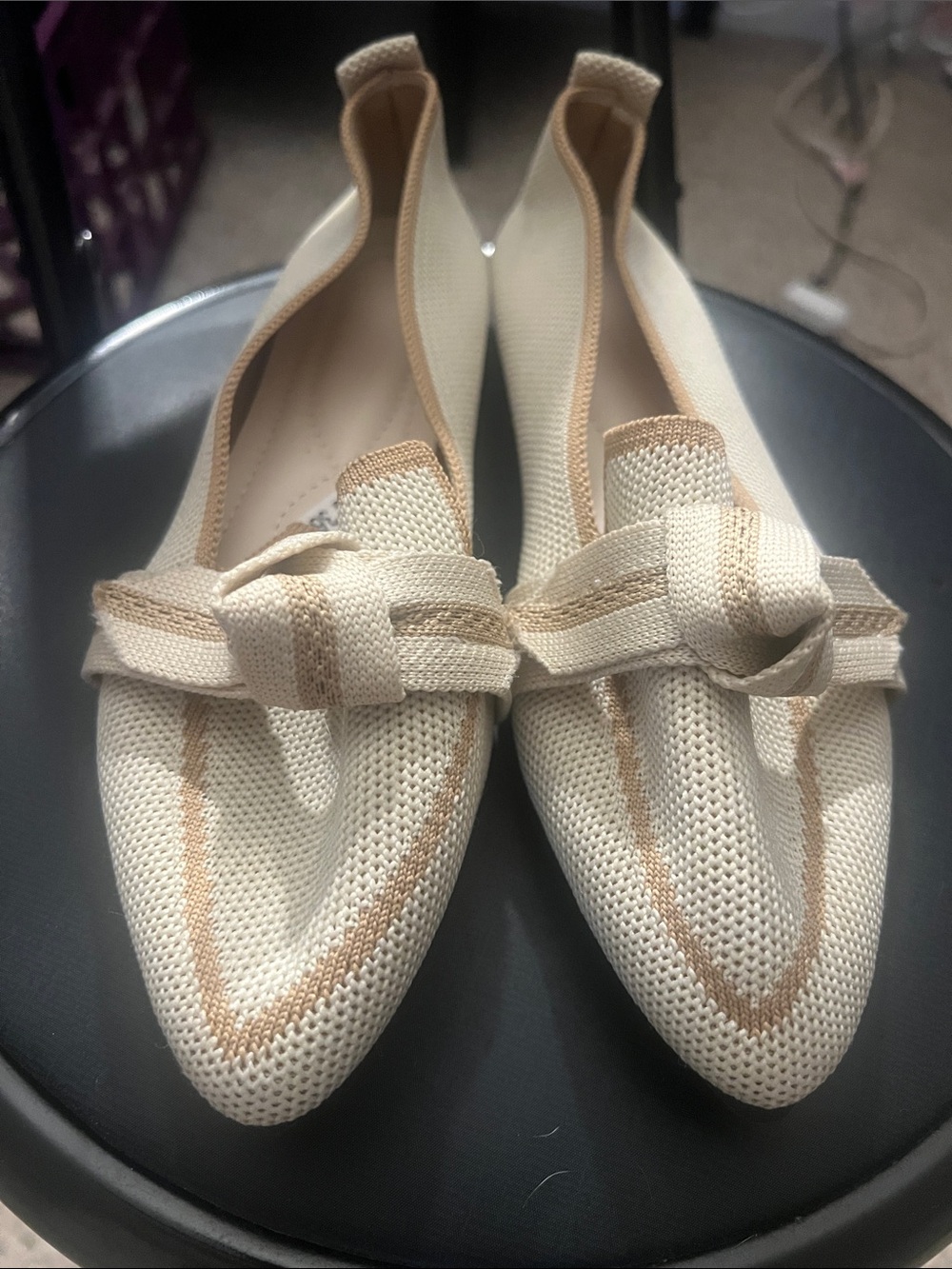 Pointed Cream Knit Loafers with Tan Trim and Bow Accent